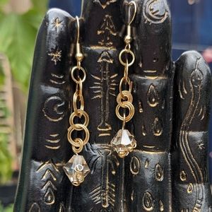 Gold Wire Wrapped Earrings Spiral Circles Cute Handmade Artisan Tiny Hoops Gem